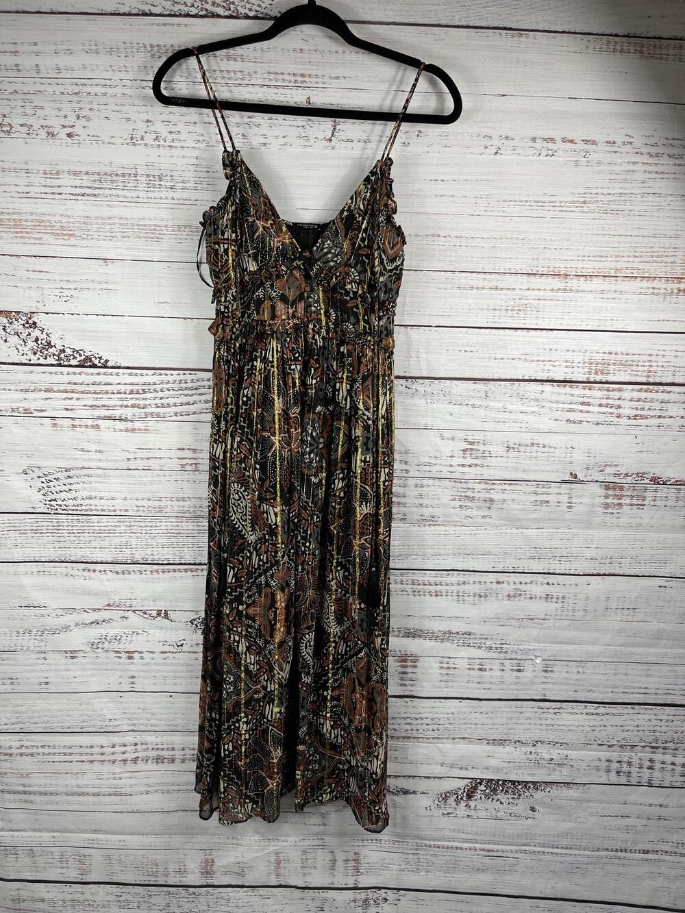 Zara Dress Women's Extra Small Black Brown Gold Metallic Boho Maxi Floral Tassel